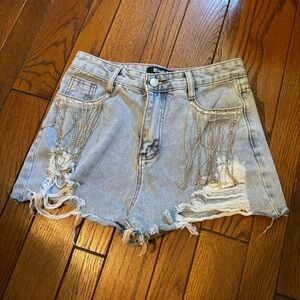 Blue B Collection Distressed Jean Shorts with Rhinestone Chains